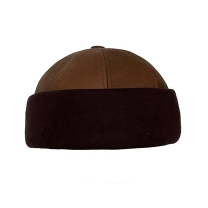Lukkizara Winter Sheepskin Leather Fur Knit Beanie Cuff Round Bucket Winter Ski Hat - color: Brown