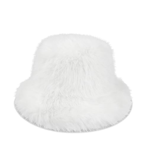 Women's Oversized Faux Fur Bucket Hat, Fluffy Plush Fuzzy Winter Warm Hat - color: White