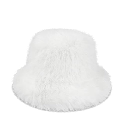 Women's Oversized Faux Fur Bucket Hat, Fluffy Plush Fuzzy Winter Warm Hat - color: White