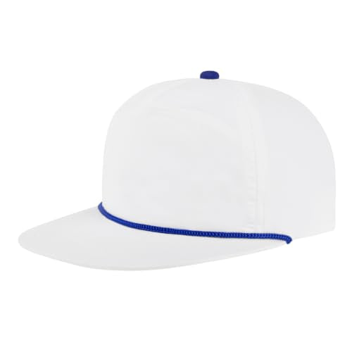 TOPTIE 5-Panel Rope Snapback Baseball Cap, Adjustable Flat Brim Hat, Quick Dry Soft Top Cap for Men Women Outdoor - color: White/Royal Blue