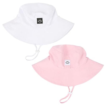 Baby Toddler Sun Hat,Kids Summer UPF 50+ Foldable Beach Bucket Hat for Boys Girls Children - color: White & Pink 2pcs, size: 6-24 Months
