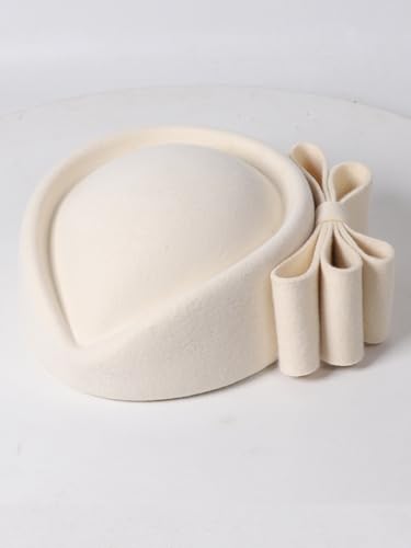 HIMESPORT Wool Felt Bowler Fascinators Hats for Women Ladies Female Elegant Wedding Tea Party Beret Hat with Bowknot - color: White 1