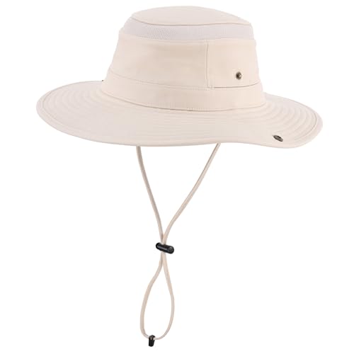 Home Prefer UPF 50+ Wide Brim Sun Hat Mesh Crown Foldable Cotton Bucket Cowboy Hat for Men Safari Golf Fishing Beach Garden - color: Beige, size: Medium