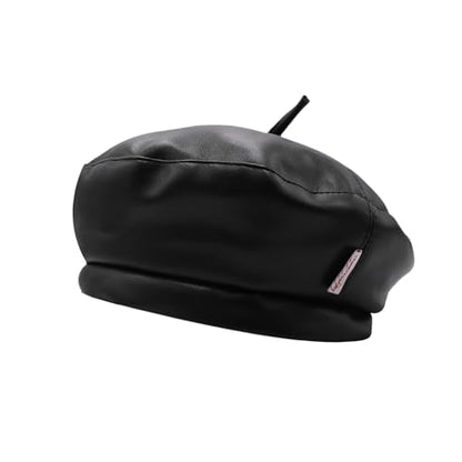 Women Classic PU Leather French Beret Beanie Hat Pumpkin Cap - color: Black(3-8years Kids Cap)