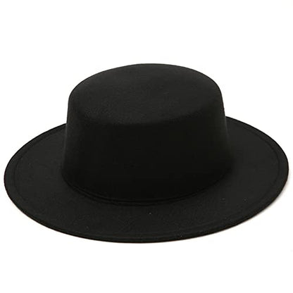 erioctry Fashion Classic Black Wool Blend Fedora Hat Wide Brim Flat Church Derby Cap Pork Pie Jazz Hat for Men Women Wedding Party Talent Show Performance