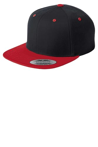 SPORT-TEK Unisex Classics Flat Bill Snapback Cap | Snapback Hat for Men & Women, High Profile Design with 7 Position Closure - color: Black/ True Red
