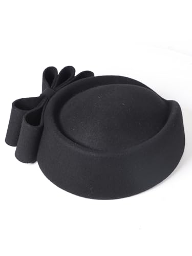 HIMESPORT Wool Felt Bowler Fascinators Hats for Women Ladies Female Elegant Wedding Tea Party Beret Hat with Bowknot - color: Black 1