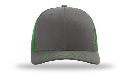 Richardson 112 Trucker Hat - Premium Blank Baseball Cap, Adjustable Snapback Hat - Structured Six Panel Richardson Blank Hats - color: Charcoal/Kelly Green