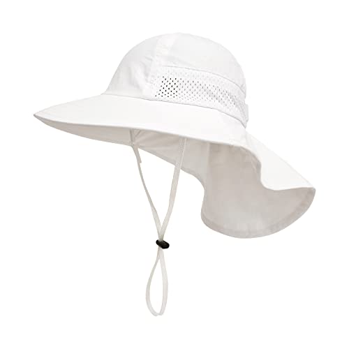 XIAOHAWANG Girls Sun Hat Baby Beach Hats Boys UPF 50+ Kids Summer Protection Cap Toddler Breathable Caps Wide Brim Neck Flap - color: White, size: 6-12 Years