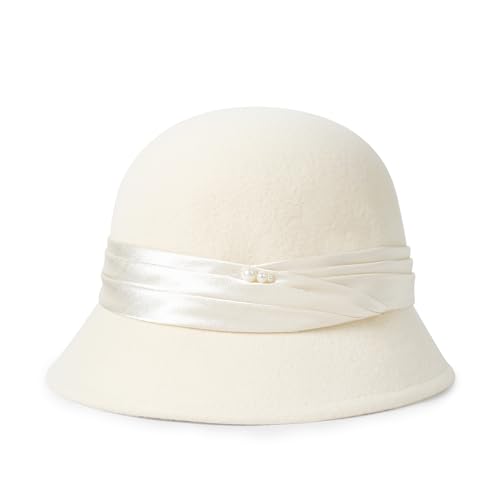Women Cloche Felt Hat Winter Wool Bucket Hat Vintage Fedora Bowler Hat - color: 3-white