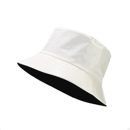 yolrdiw Unisex Fashion PU Leather Bucket Hat Glossy Reversible Rain Waterproof Fishmen Cap - color: White