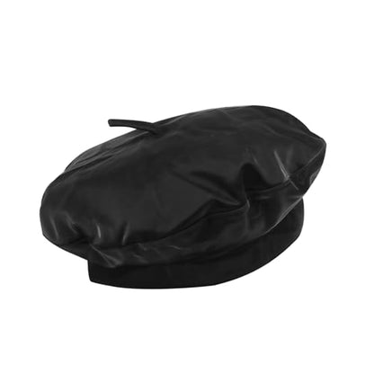Women Classic PU Leather French Beret Beanie Hat Pumpkin Cap - color: Black(patent Pu)