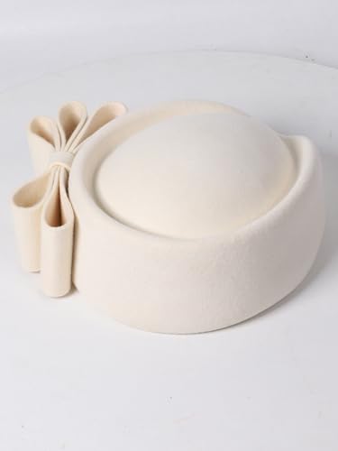 HIMESPORT Wool Felt Bowler Fascinators Hats for Women Ladies Female Elegant Wedding Tea Party Beret Hat with Bowknot - color: White 1