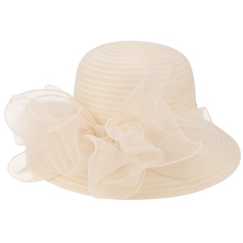 DRESHOW Lady Derby Dress Church Bowler Cloche Hat Bowknot Organza Bridal Cap for Wedding - color: 1 Pack Bowler Hat: Beige