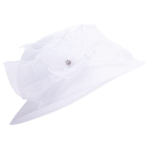Womens Wedding Occasion Floral Wide Brim Church Dressy Sun Hat A323 - color: White