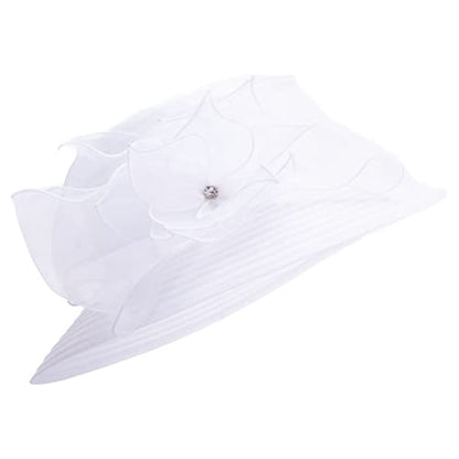 Womens Wedding Occasion Floral Wide Brim Church Dressy Sun Hat A323 - color: White