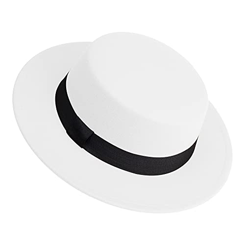 Classic Fedora Hat Flat Top Hat Felt Pork Pie Hat Wide Brim Church Derby Cap for Women and Men - color: White