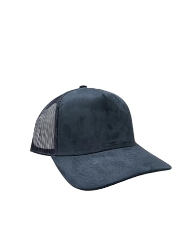Ashen Fane Faux Suede Polyester Blend 5 Panel Classic Flat or Round Visor Adjustable Snapback Mesh Back Trucker Hat - color: Round - Navy
