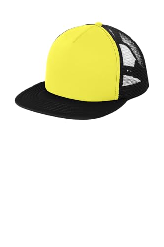 District Flat Bill Snapback Trucker Cap, Flat Brim Hat for Men & Women - color: Neon Yellow