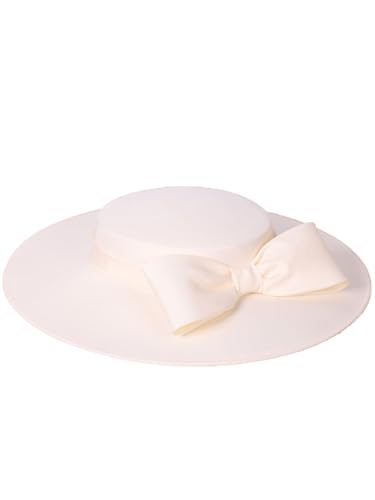 Wide Brim Hats for Women Big Bowknot Formal Occasion Kentucky Cap Lady Wedding Cocktail Party Flat Top Fedoras - color: Beige White