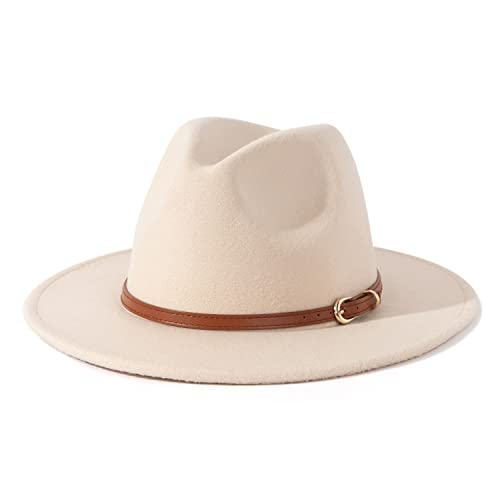 Lisianthus Women Classic Felt Fedora Wide Brim Hat with Belt Buckle - color: R Brown Belt-creamy