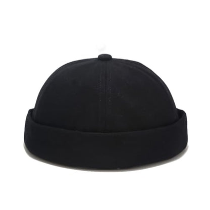Mens Docker Cap Brimless Skullcap Sailor Cap Rolled Cuff Retro Beanie Hat - color: Pure Black