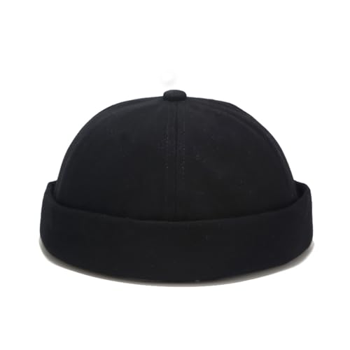 Mens Docker Cap Brimless Skullcap Sailor Cap Rolled Cuff Retro Beanie Hat - color: Pure Black