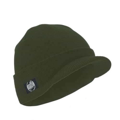 The Vintage Year Visor Beanie Billed Knit Radar Cuff Skull Cap Sports Outdoor Winter Stretch Acrylic One Size Men Women - color: Olive Green the Vintage Year