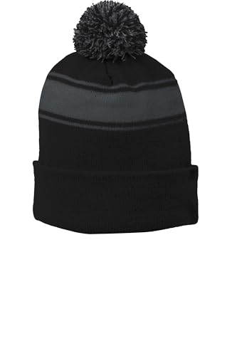 SPORT-TEK Unisex Stripe Pom Pom Beanie - color: Black/ Iron Grey