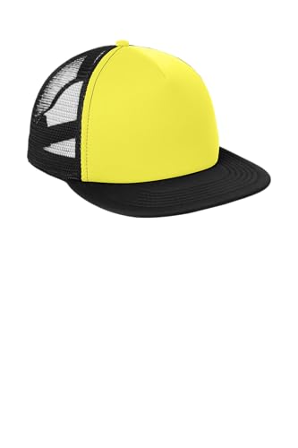 District Flat Bill Snapback Trucker Cap, Flat Brim Hat for Men & Women - color: Neon Yellow