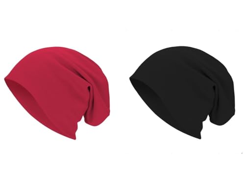 Unisex Slouchy Beanie Cotton Lightweight Beanie Hat Skull Cap Night Sleep Hat Hip-Hop Hat - color: Red & Black