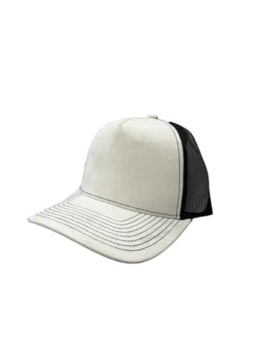 Ashen Fane Faux Suede Polyester Blend 5 Panel Classic Flat or Round Visor Adjustable Snapback Mesh Back Trucker Hat - color: Round - Off-white
