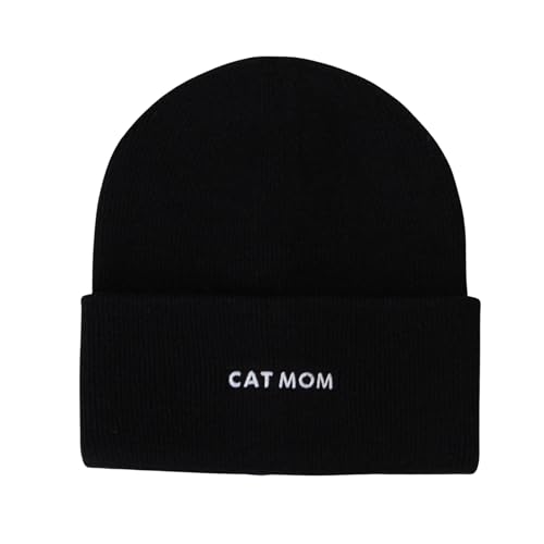 Cat Mom Cat Dad Beanie Collection – Jacquard Pom Pom Hats & Double-Layer Embroidered Beanies for Pet Lovers - color: Cat Mom Embroidery Black Hat