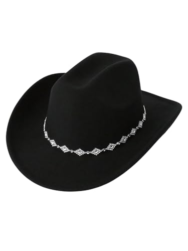 Verdusa Women's Western Cowboy Hat Rhinestone Wide Brim 2026 Cowgirl Hat - color: Black