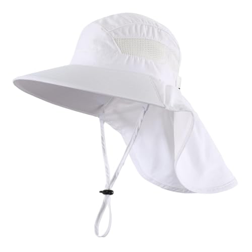 Home Prefer UPF50 Wide Brim Kids Sun Hat Neck Flap Boys Girls Sun Protection Hat for Beach Fishing - color: White, size: 4-8 Years