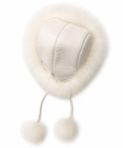 DLNYC Women’s Faux Leather Winter Hat with Faux Fur Trim, Soft Lined Cap with Hanging Cords & Pom-Poms, Warm Stylish Hat - color: White