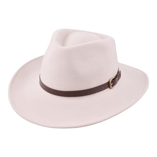 Bigalli Melbourne Fedora Wool Felt Hat - Outdoor - Wide Brim Crushable Water-Resistant Warm & UV Protection - color: Cream, size: Medium