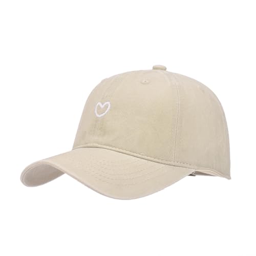 Women's Cute Heart Embroidered Baseball Cap Adjustable Vintage Washed Cotton Low Profile Dad Hat - color: Beige