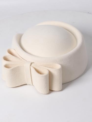 HIMESPORT Wool Felt Bowler Fascinators Hats for Women Ladies Female Elegant Wedding Tea Party Beret Hat with Bowknot - color: White 1