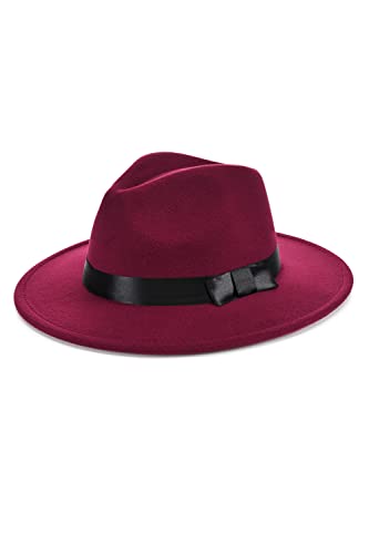 BABEYOND 1920s Fedora Hat for Men Gatsby Wide Brim Hat Felt Panama Cap - color: Wine Red