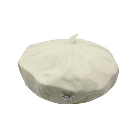 MINGSEECESS Women PU Leather French Black Beret Hat Causal Beanie Hat - color: Butterfly-white