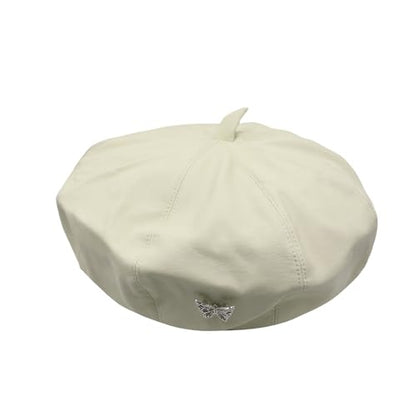 MINGSEECESS Women PU Leather French Black Beret Hat Causal Beanie Hat - color: Butterfly-white