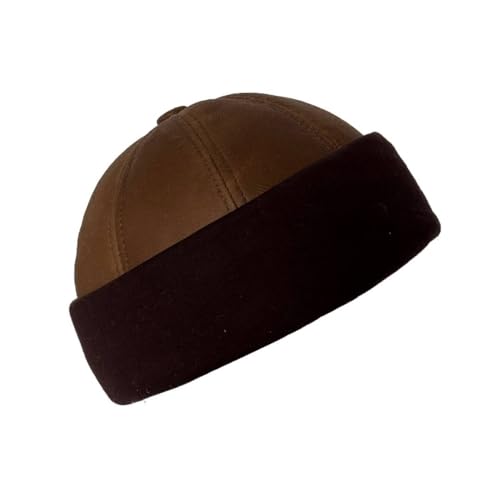 Lukkizara Winter Sheepskin Leather Fur Knit Beanie Cuff Round Bucket Winter Ski Hat - color: Brown