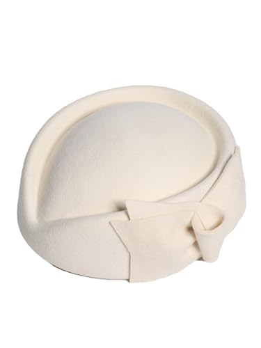 HIMESPORT Wool Felt Bowler Fascinators Hats for Women Ladies Female Elegant Wedding Tea Party Beret Hat with Bowknot - color: White