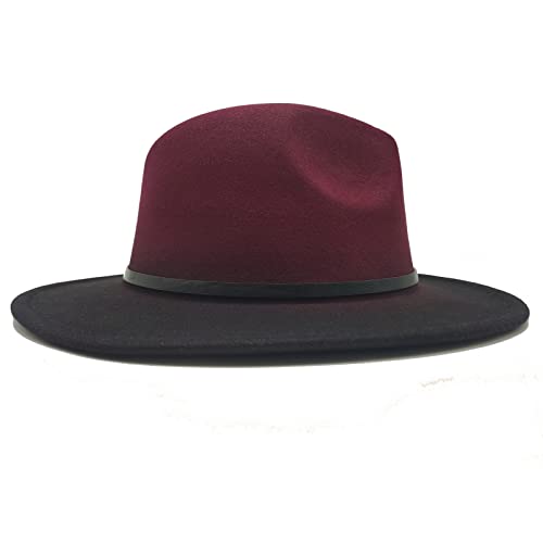 Willheoy Wide Brim Fedora Hats for Women & Men Two Tone Felt Hat Gradient Dress Hat - color: Wine