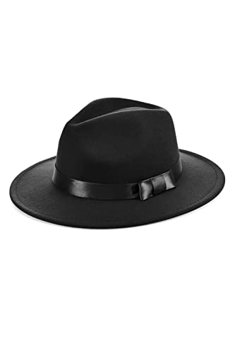 BABEYOND 1920s Fedora Hat for Men Gatsby Wide Brim Hat Felt Panama Cap - color: Black With Black Ribbon