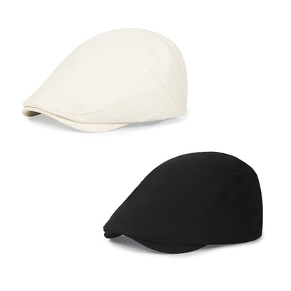 2Pcs Men's Newsboy Cap Cotton Flat Ivy Gatsby Driving Hat - color: 2b2-black+beige