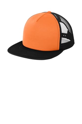 District Flat Bill Snapback Trucker Cap, Flat Brim Hat for Men & Women - color: Neon Orange