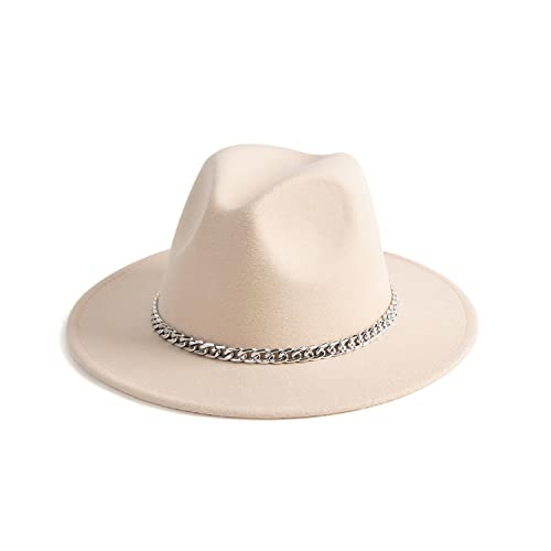 Women Men Wide Brim Fedoran Hat with Chain Belt Buckle - color: Beige