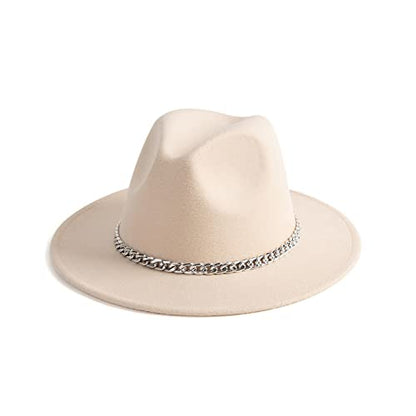 Women Men Wide Brim Fedoran Hat with Chain Belt Buckle - color: Beige